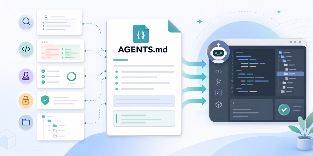 AGENTS.md fayli, repo qoidalari va coding agent workflow kartalarini ko‘rsatuvchi yorug‘ editorial hero image