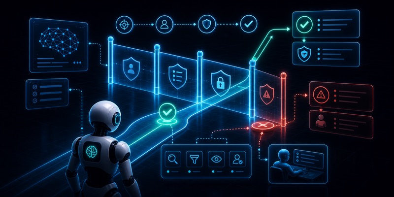 AI agent uchun guardrails, policy gate va approval chegaralarini ko‘rsatuvchi hero image