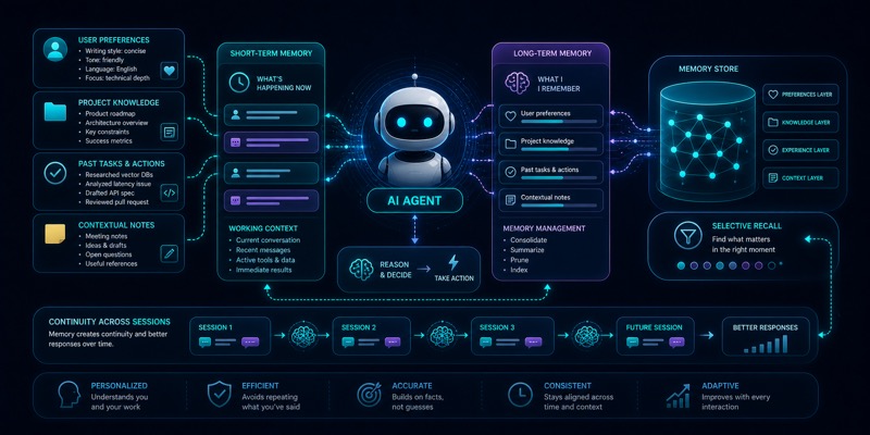 AI agentning short-term va long-term memory qatlamlarini ko‘rsatuvchi hero image