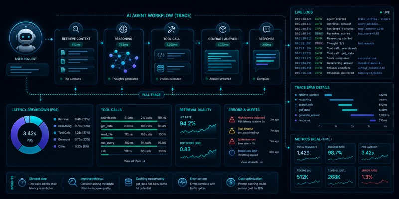 AI agent observability, traces va tool call monitoringini ko‘rsatuvchi hero image