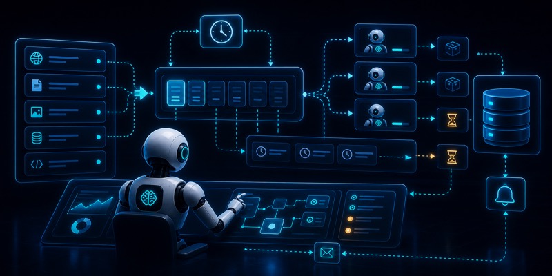 Async AI workflow, queue va background worker jarayonlarini ko‘rsatuvchi hero image