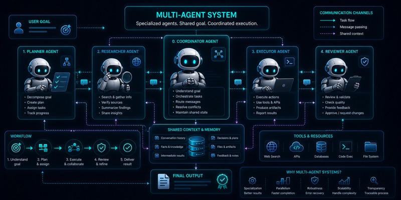 Planner, researcher, executor va reviewer agentlardan iborat multi-agent systemni ko‘rsatuvchi hero image