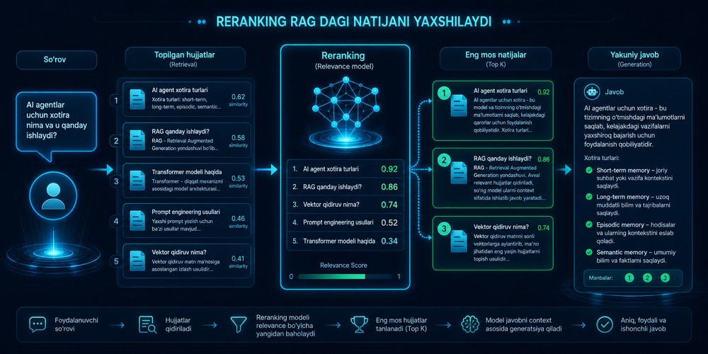RAG ichida retrieval natijalarini qayta saralovchi reranking jarayonini ko‘rsatuvchi hero image