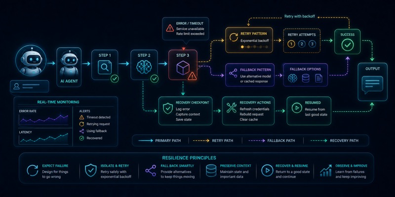 AI agentlarda retry, fallback va recovery yo‘llarini ko‘rsatuvchi hero image