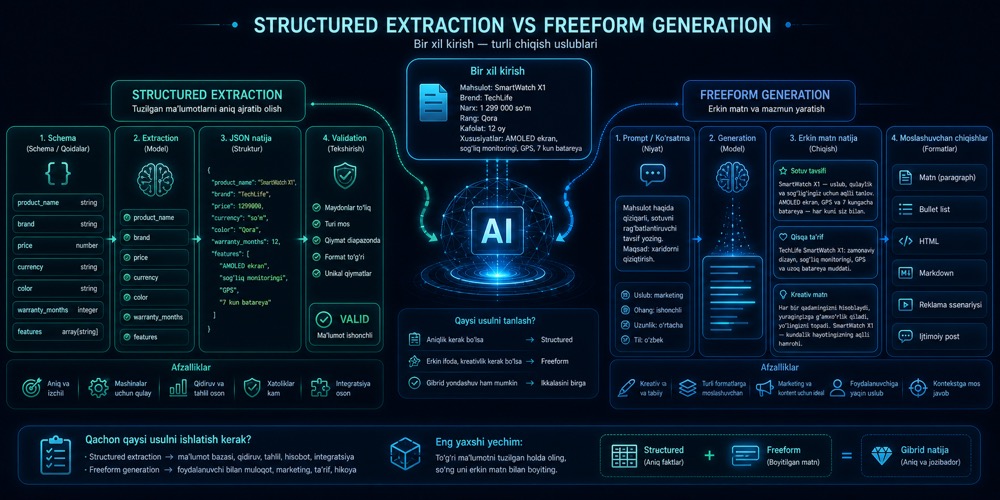 Structured extraction va freeform generation o‘rtasidagi farqni ko‘rsatuvchi hero image