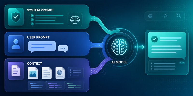 System prompt, user prompt va context qatlamlarini ko‘rsatuvchi hero image