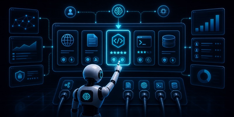 AI agent tool registry ichidan mos tool tanlashini ko‘rsatuvchi hero image