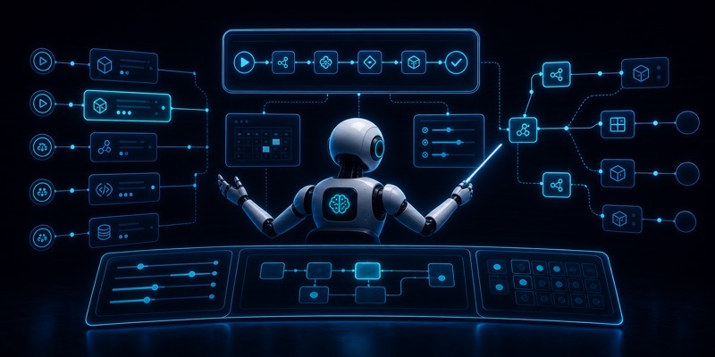 AI agent qadamlarini workflow orchestration orqali boshqarishni ko‘rsatuvchi hero image
