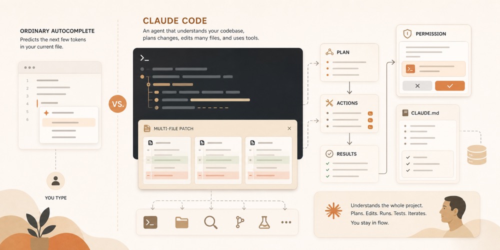 Claude Code terminal agenti, loyiha qoidalari va oddiy autocomplete farqini ko‘rsatuvchi yorug‘ editorial hero image
