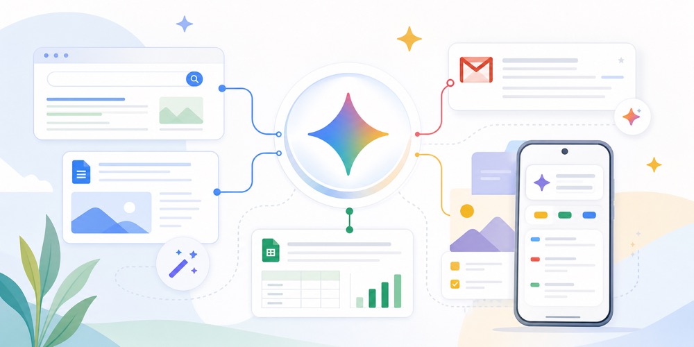 Gemini yordamida Search, Gmail, Docs va Google workflow ichida ishlashni ko‘rsatuvchi yorug‘ editorial hero image