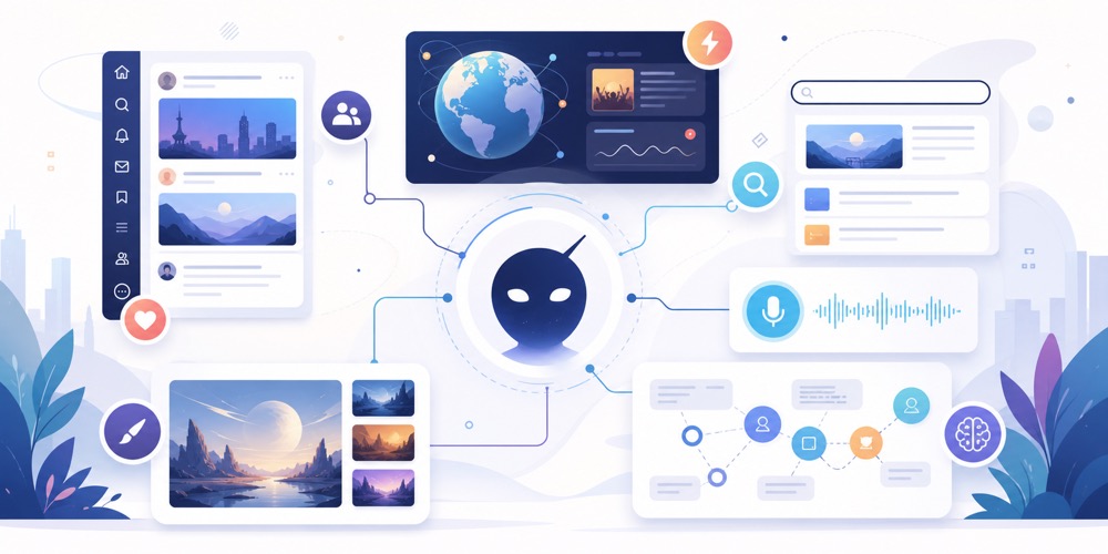 Grok uchun trend, yangilik va real-time signal panellarini ko‘rsatuvchi yorug‘ editorial hero image
