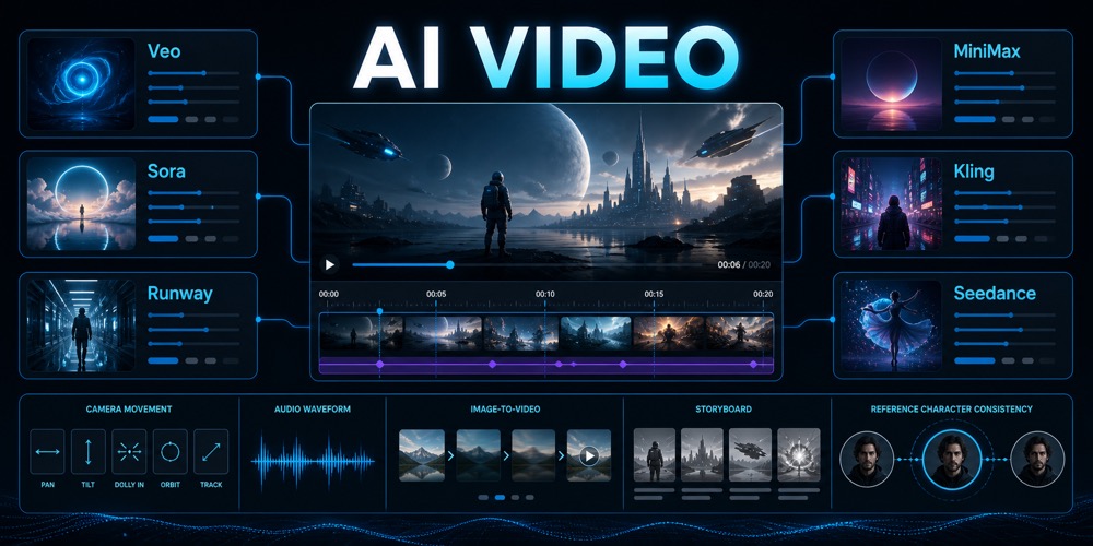 AI video generatsiyasi modellari, timeline, storyboard, kamera harakati, audio waveform va reference character consistency panellarini ko‘rsatuvchi qorong‘i neon hero image