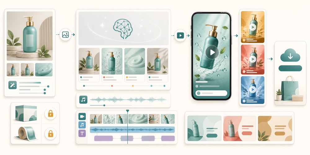 AI yordamida ecommerce va reklama videolari uchun product reference, product reveal, before-after, UGC-style ad, audio waveform, CTA va editing timeline panellarini ko‘rsatuvchi yorug‘ editorial hero image