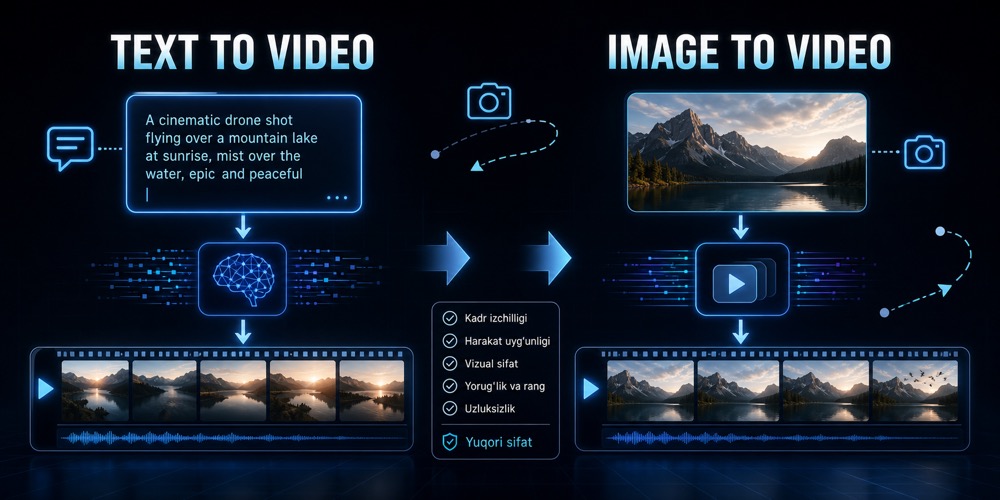 Promptdan video va rasmdan video generatsiya qilish jarayonlarini, matn paneli, boshlang‘ich rasm, video timeline va kamera harakatini ko‘rsatuvchi qorong‘i neon hero image