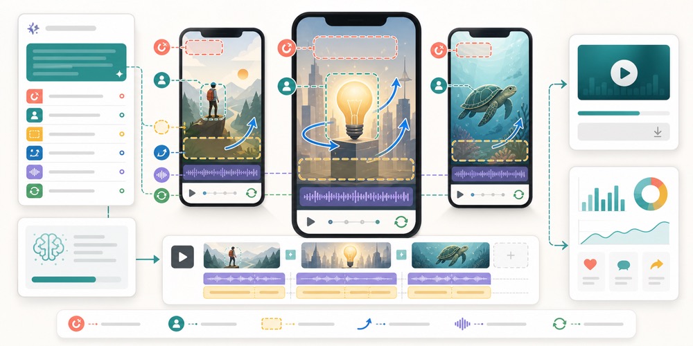 Reels, Shorts va TikTok uchun AI video prompt yozishda vertical phone preview, hook, safe area, audio waveform, caption lane va loop markerlarni ko‘rsatuvchi yorug‘ editorial hero image