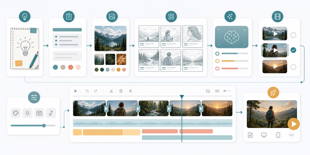 AI video generatsiyasi g‘oyadan tayyor rolikkacha boradigan jarayonini, brief, reference, storyboard, generatsiya, montaj timeline va final preview panellarini ko‘rsatuvchi yorug‘ editorial hero image