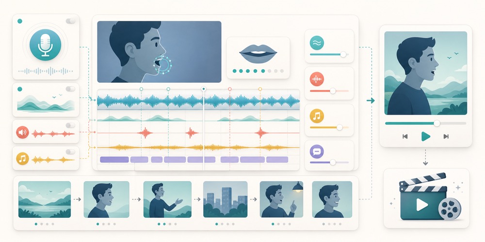 AI videoda ovoz va lip-sync uchun audio waveform, lab harakati, mikrofon, sound effect, subtitle lane va video timeline panellarini ko‘rsatuvchi yorug‘ editorial hero image