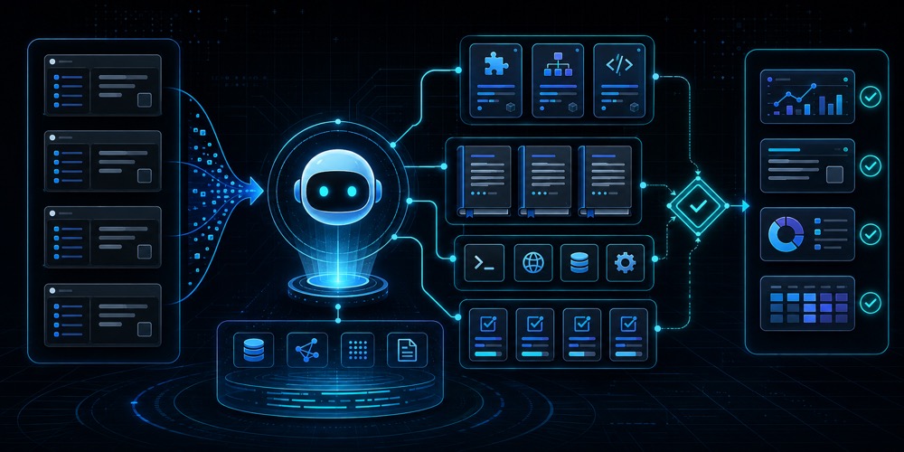 AI agent skills uchun agent node, skill kartalari, qoida panellari, tool ikonlari, kontekst qatlami va tasdiq darvozasini ko‘rsatuvchi qorong‘i neon diagram hero image