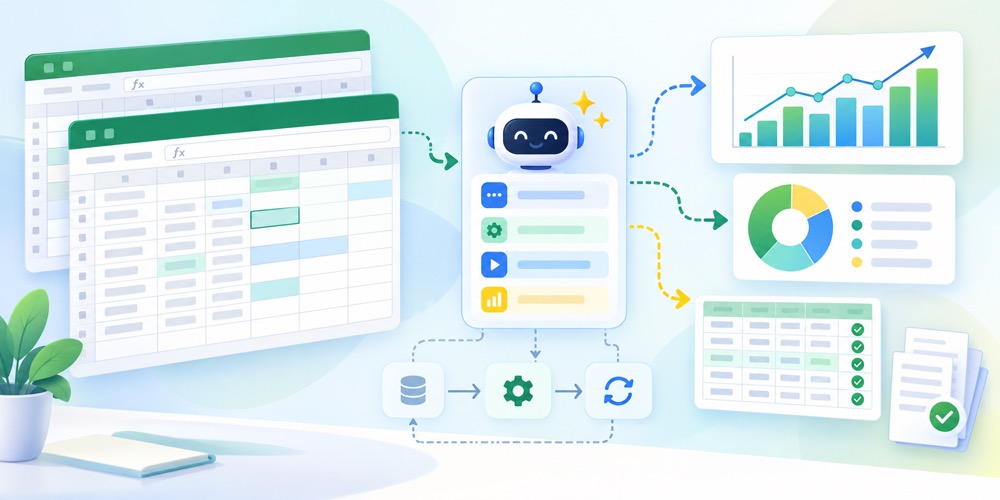 AI bilan Excel va Google Sheets ishlarini avtomatlashtirish uchun spreadsheet, formula, cleaning, validation va workflow bosqichlarini ko‘rsatuvchi och rangli phase 2 uslubidagi diagram hero image