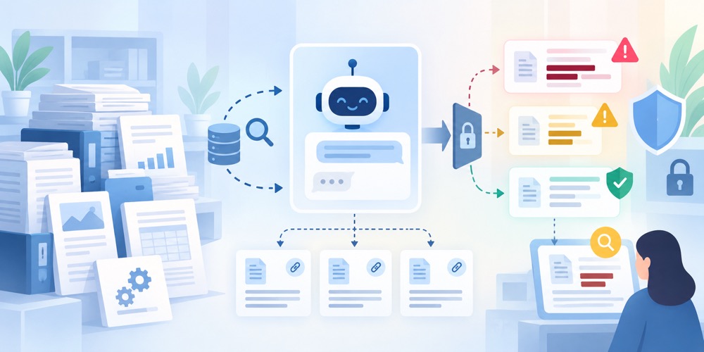 Kompaniya hujjatlariga javob beradigan AI chatbot xavflari uchun access control, maxfiy hujjat, prompt injection va audit qatlamlarini ko‘rsatuvchi och rangli phase 2 uslubidagi diagram hero image