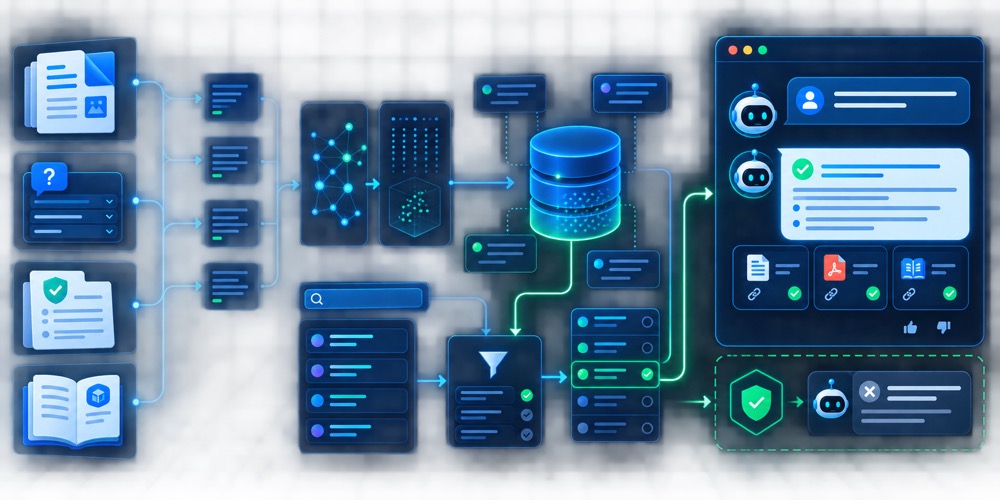 AI yordamida bilim bazasi chatbotini qurish uchun hujjatlar, FAQ, embedding, vector database, reranking, chatbot javobi, source citation va guardrail oqimini ko‘rsatuvchi qorong‘i neon diagram hero image