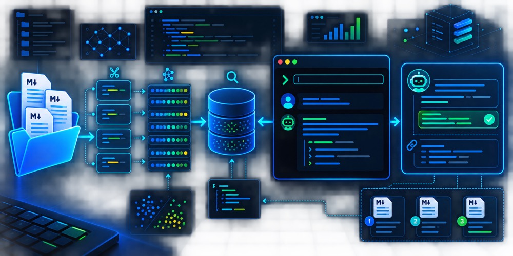 CLI RAG chatbot qurish uchun docs papkasi, chunklar, embedding vektorlari, vector index, terminal savoli, AI javobi va source citation oqimini ko‘rsatuvchi qorong‘i neon diagram hero image