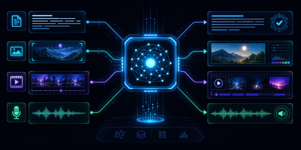 Multimodal AI uchun matn, rasm, video va ovoz signallari bitta AI modelga kirib, javob, tahrir, video tahlil va ovozli natijaga aylanishini ko‘rsatuvchi qorong‘i neon diagram hero image