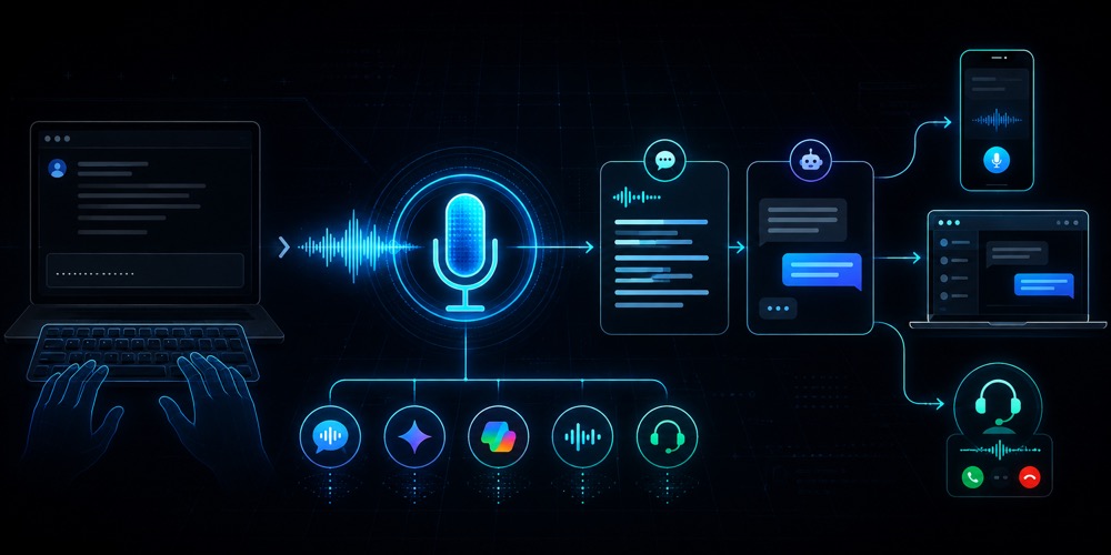 Voice AI uchun mikrofon, audio waveform, speech-to-text paneli, AI chat, mobil app, laptop va voice agent oqimini ko‘rsatuvchi qorong‘i neon diagram hero image